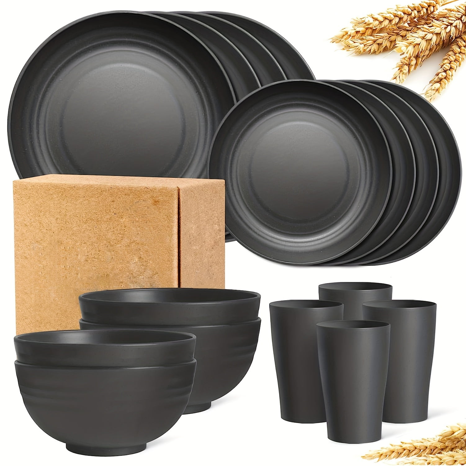 Durable Wheat Straw Dinnerware Set Microwave & Dishwasher Safe Reusable Plates, Bowls, and