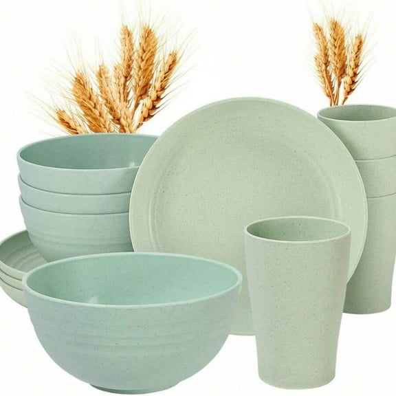 16-Piece Unbreakable Plastic Kitchen Dinner Set - Service for 4 (Dinner Plates, Dessert Plates, Cereal Bowls, Cups) Black Outdoor Camping Dishes