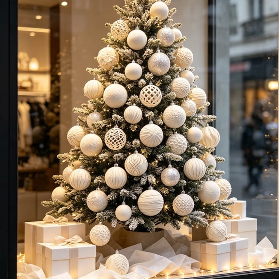 16-Piece Velvet Ornaments for Christmas Tree Decorations - Xmas Ball Ornament for Indoor Holiday Decor - Shatterproof Christmas Bulbs Ornaments, Ivory