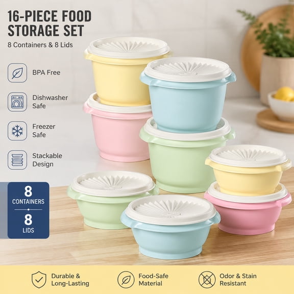 16-Piece Vintage Style Food Storage Container Set, BPA Free, Dishwasher Safe, 8 Containers with Lids