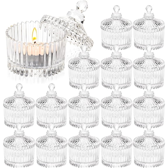 16 Piece Votive Candle Holders with Lids, Tealight Candle Holders in Bulk, Glass Small for Table Centerpiece, Wedding, Home Decor (2.68'' x 1.65'', Clear)