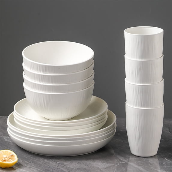 16-Piece Wheat Straw Dinnerware Set | Shatterproof Plastic Plates, Bowls & Cups | Microwave & Dishwasher Safe | Black & White Kitchen Essentials
