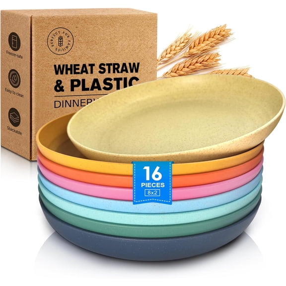 16-Piece Wheat Straw Kids Plates,9.8'' Deep Dinner Plate,Dishwasher Safe, Reusable Unbreakable Salad Plates,Dessert Kitchen Plastic Dinner Plates Set,Service for 16,Multicolor