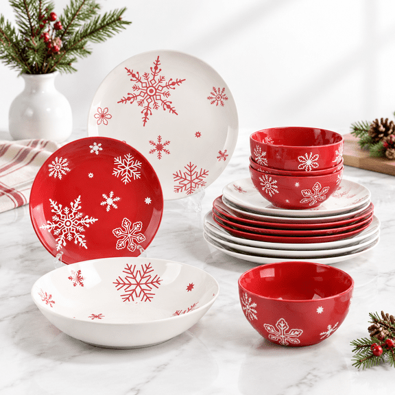 16-Piece White Porcelain Dinnerware Set with Snowflake Patterns, Service for 4, Includes Pasta