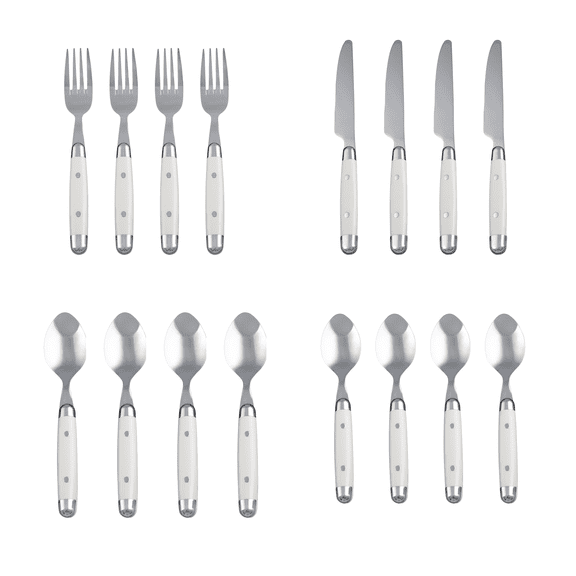 16 Piece White Silverware Set for 4, 18/0 Stainless Steel Flatware Cutlery Set with Plastic Handles, Dishwasher Safe for Home Dining