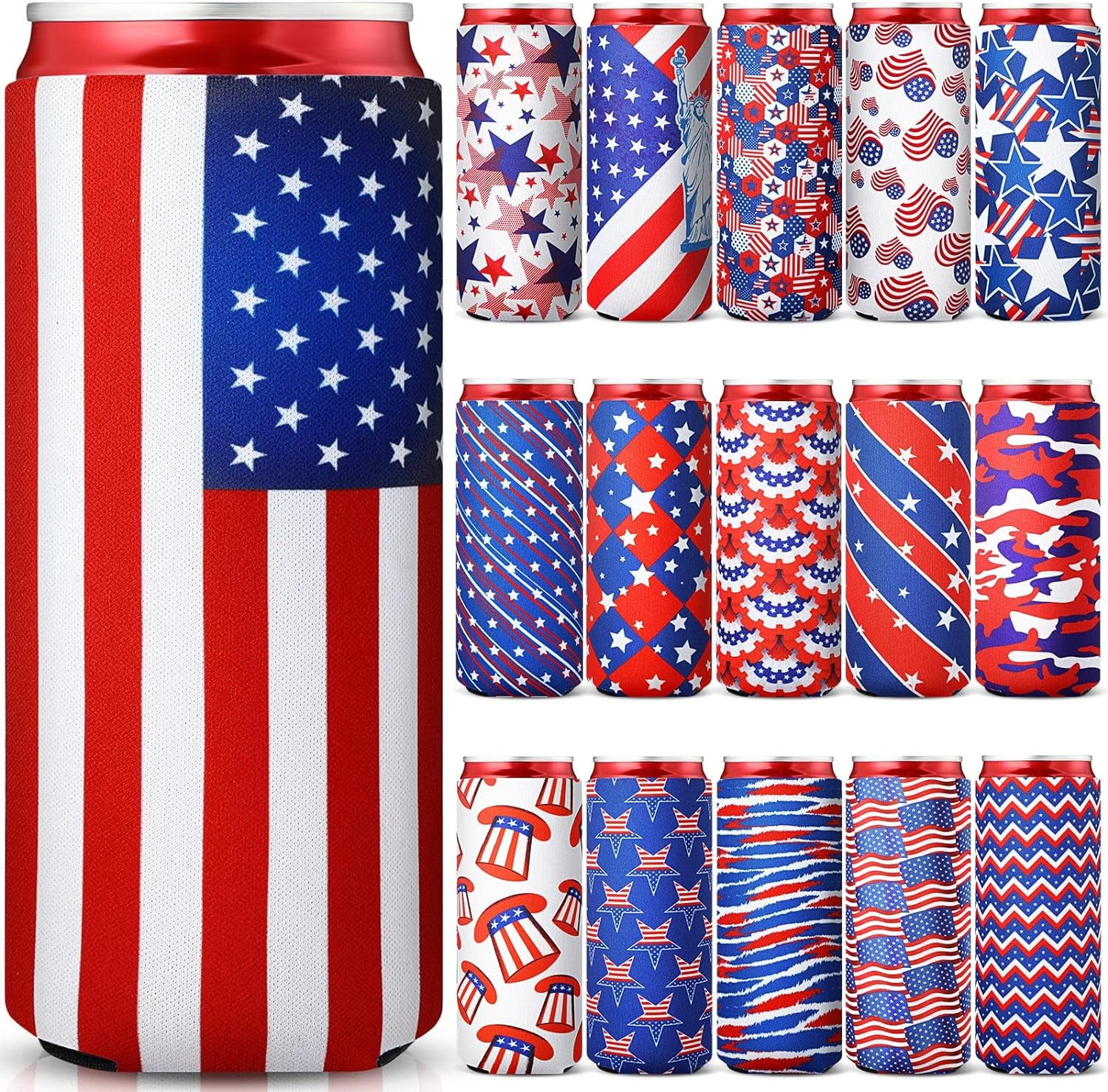 16 Pieces 4th Of July Beer Can Sleeves Patriotic America Slim Beer ...