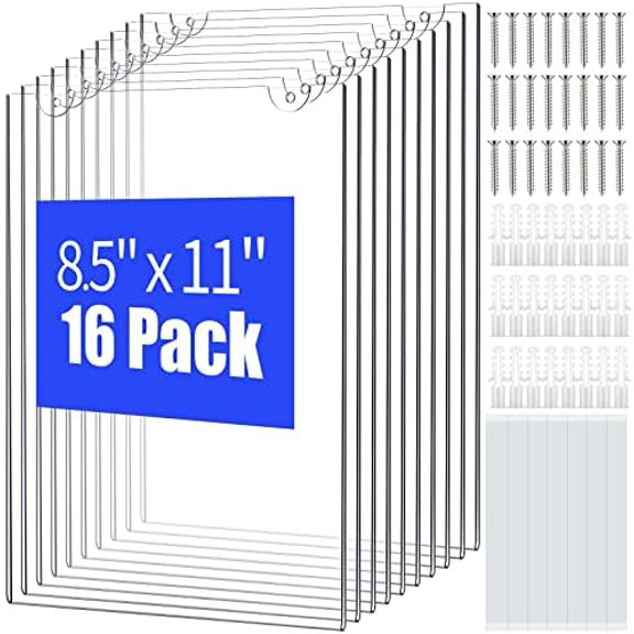 16 Pieces Acrylic Sign Holder 8.5 x 11 Inches Wall Mount Clear Plastic Display Stand Frame for Paper Documents - Bulk Pack With Tape and Screws for Home, Office, Store, Restaurant$$Other