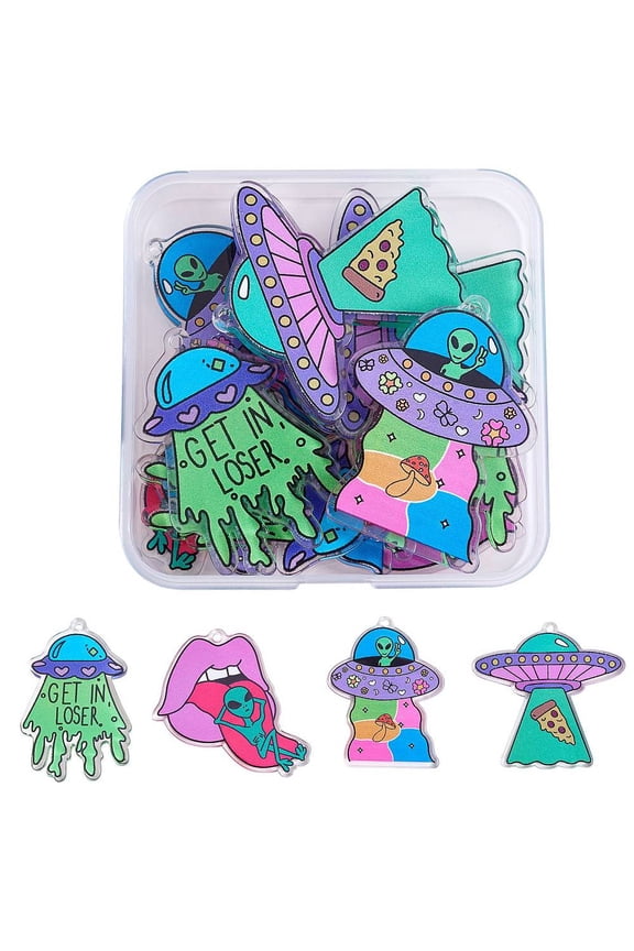 16 Pieces Alien Theme Colorful Acrylic Charm Pendants Mixed Patterns Alien Charm Acrylic Pendant Jewelry Necklace Earring Making Crafts