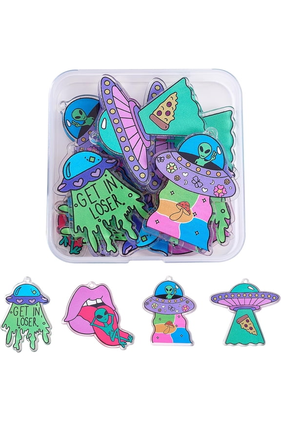 16 Pieces Alien Theme Colorful Acrylic Charm Pendants Mixed Patterns Alien Charm Acrylic Pendant for Jewelry Necklace Earring Making Crafts
