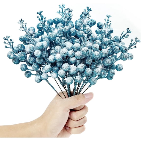 16 Pieces Artificial Glitter Berries Stems, 9Inch Frosted Christmas Picks Berry Sprays Twig Glitter Holly Berry Branches for Xmas Tree Fillers Ornaments, Wreath, Crafts, Home Holiday Decor