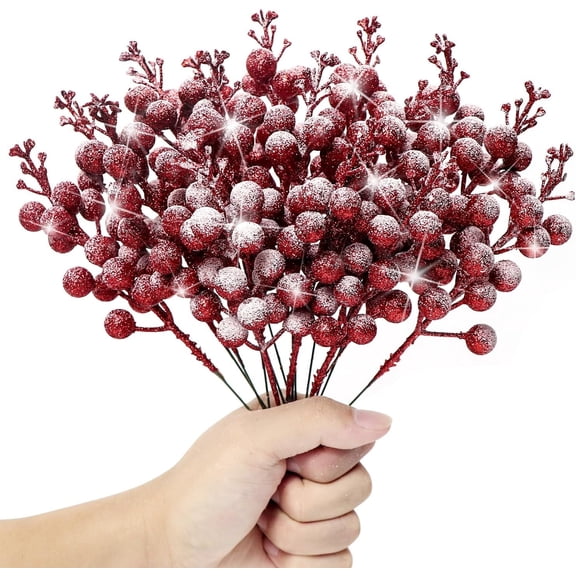 16 Pieces Artificial Glitter Berries Stems, 9Inch Frosted Christmas Picks Berry Sprays Twig Glitter Holly Berry Branches for Xmas Tree Fillers Ornaments, Wreath, Crafts, Home Holiday Decor
