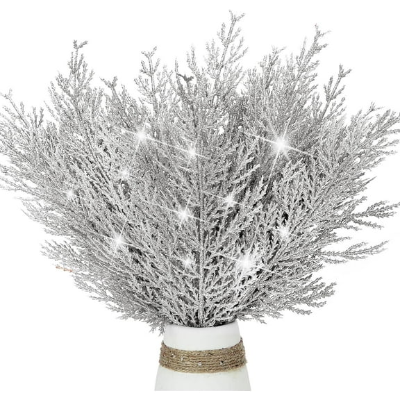 16 Pieces Artificial Glitter Pine Tree Twig Ornaments, Christmas Artificial Pine Branches Faux Cedar Picks Decorative Sticks Glittery Stems for Vase Fillers Holiday Winter Wedding Decor (Silver)