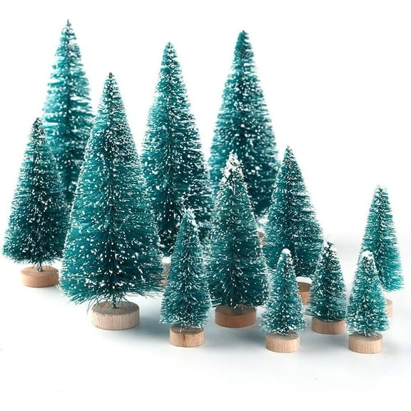 16 Pieces Artificial Mini Christmas Tree Sisal Snow Trees Bottle Brush Christmas Trees Pine Trees Ornaments with Wooden Base for Christmas Party Home Decoration (4 Sizes)