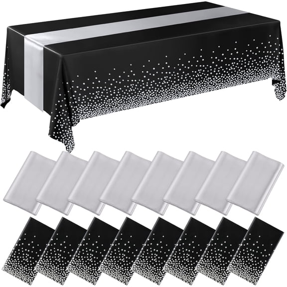 16 Pieces Black and Silver Disposable Plastic Tablecloths and Satin Table Runner Set 54x108 Inch Tablecloth 12x108 Inch Table Runners for New Year Wedding Birthday Baby Shower Graduation