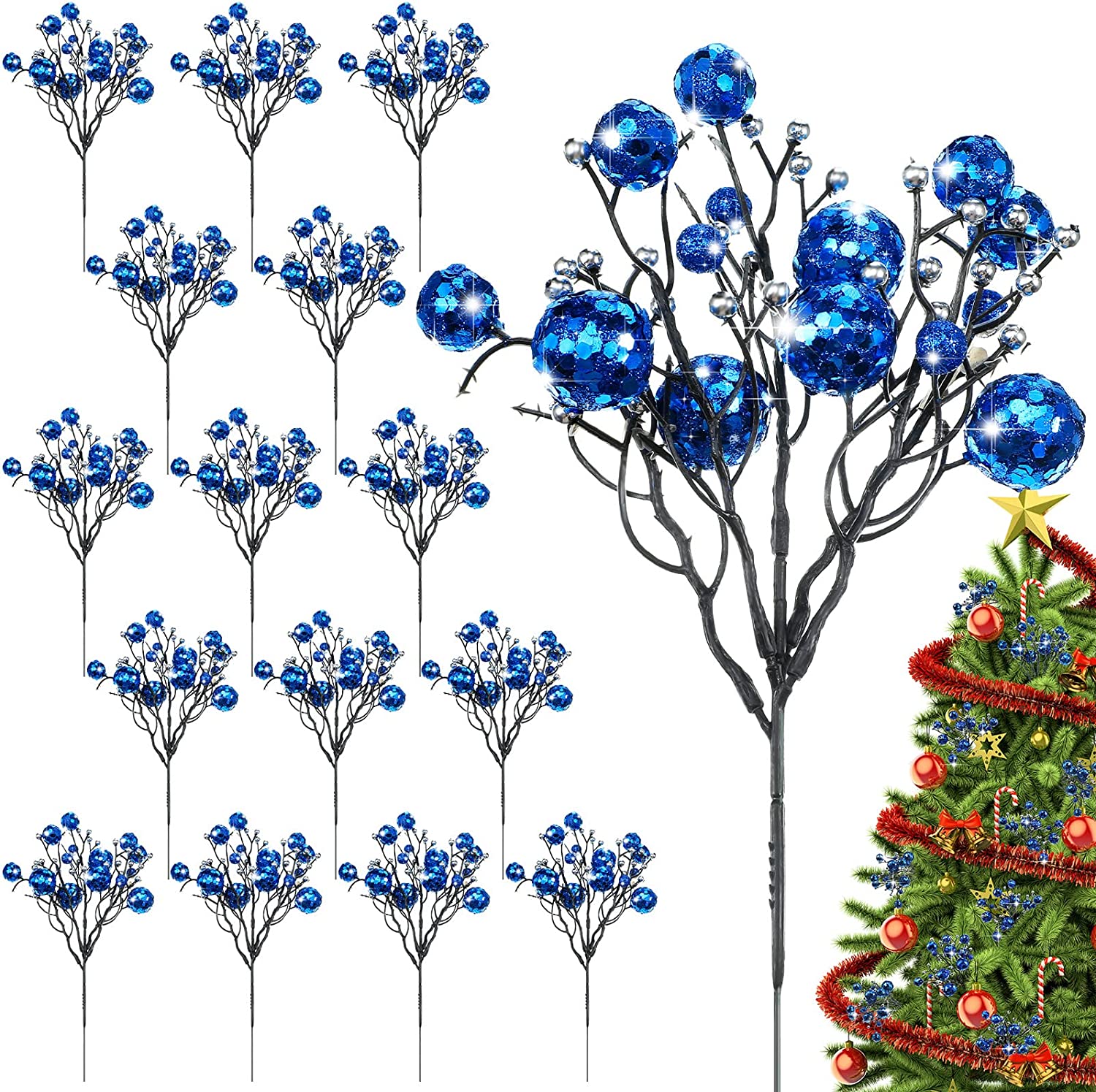 16 Pieces Blue Christmas Berry Picks Set Christmas Artificial Glittered