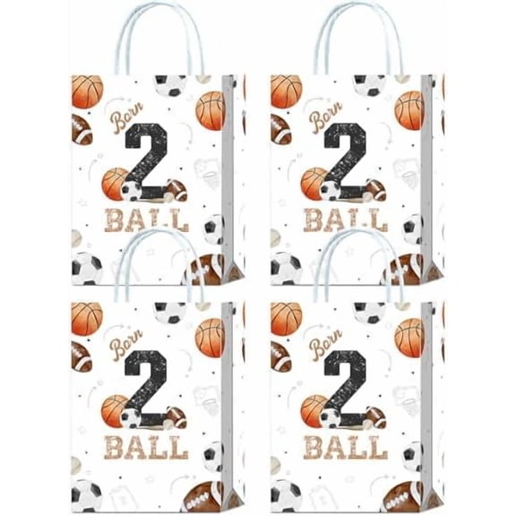 16 Pieces Born Two Ball Sports 2nd Birthday Party Favors Bags,Basketball Baseball Soccer Football 2nd Birthday Gift Snacks Treat Candy Party Favors Bags with Handles for Girls Boys