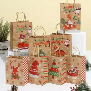 16 Pcs Christmas Gift Bags Christmas Kraft Gift Bags Bulk with Handles 3D  Gold Foil Accented Christmas Goody Paper Bags with Tissue Paper 4 Styles