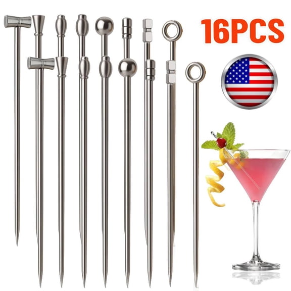 16 Pieces Cocktail Picks, 8 New Styles Stainless Steel Reusable Olive Stuffers Martini Pick set Fruit Toothpick Garnish Skewers Appetizer Drink Stick for Bar party, Club sandwiches