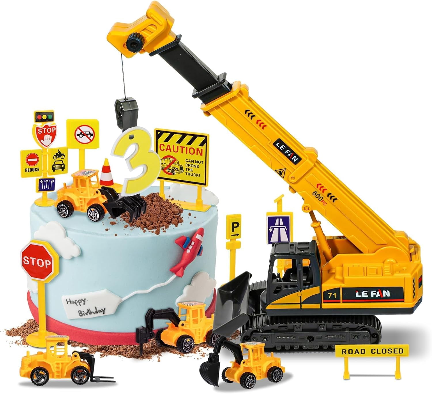 16 Pieces Construction Vehicles Cake Decoration Set Construction Birthday Party Supplies Large Crane Excavator Traffic Road Sign for Birthday Party Supplies Favours