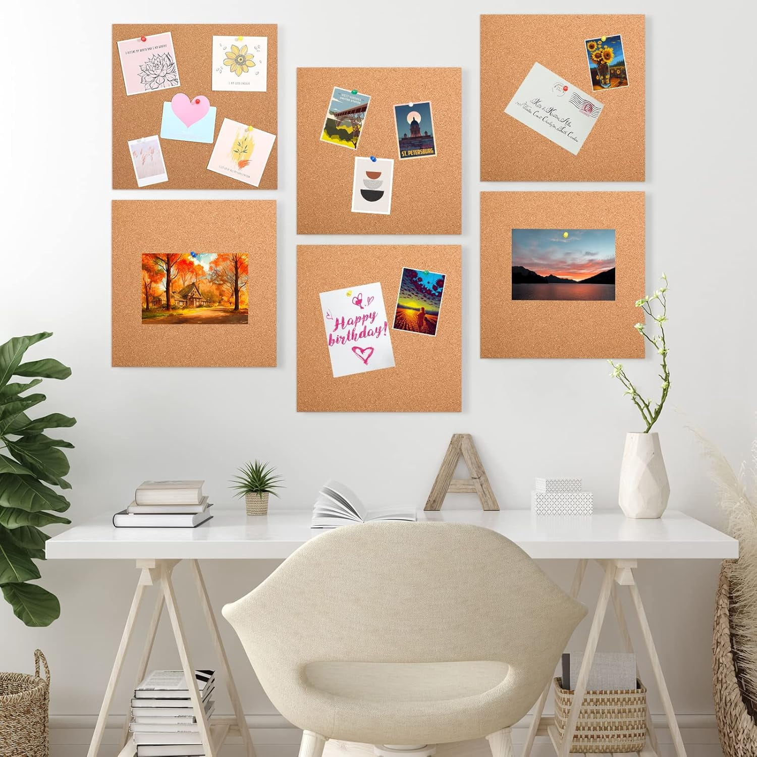 16 Pieces Cork Board Tiles 12 x 12 Square Bulletin 1/4" Thick Cork Board with 80 Self Adhesive Squares Included for Office, School and Home