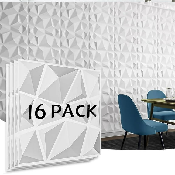 16 Pieces Decorative 3D Wall Panels in Diamond Design, PVC 3D Wall Panel Diamond, 3D Textured Wall Panels, for Interior Wall Decor Matt White (White-30 * 30cm)