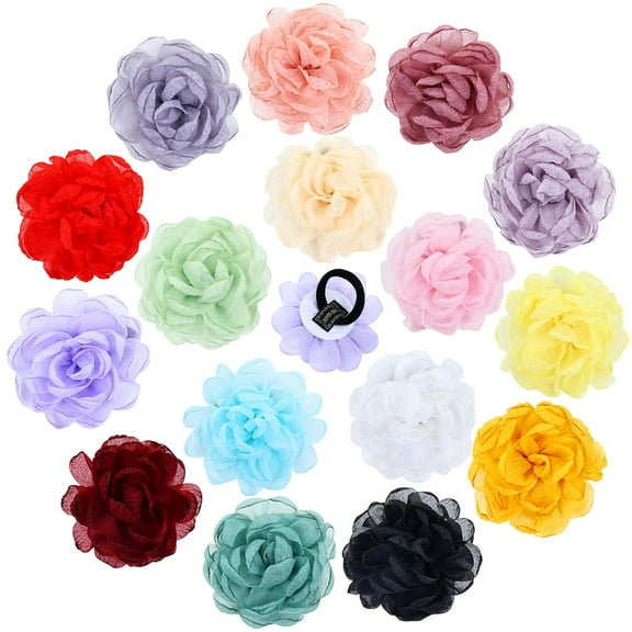 16 Pieces Decorative 9cm/3.5" Retro Big Organza Rose Flower Hair Ties Rubber Bands Hair Scrunchies Ropes Bun Pigtail Ponytail Holders Accessories for Women Girls Teens Kids