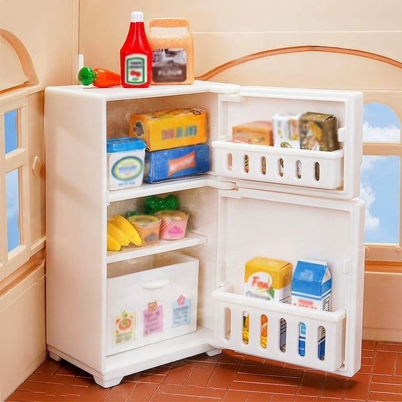 16 Pieces Dollhouse Refrigerator Mini Fridge Toy with Mini Food Set Dollhouse Kitchen Furniture Food Toys Miniatures Kitchen Decorations Bottles Fruit Dessert for Children Kids Girls