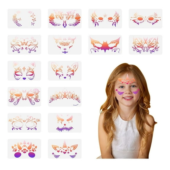 16 Pieces Face Paint Stencils, Reusable Body Painting Stencils Makeup Painting Templates, Temporary Tattoos Stencils for Kids Holiday, Party, Makeup Body, Art Painting, 8x5in