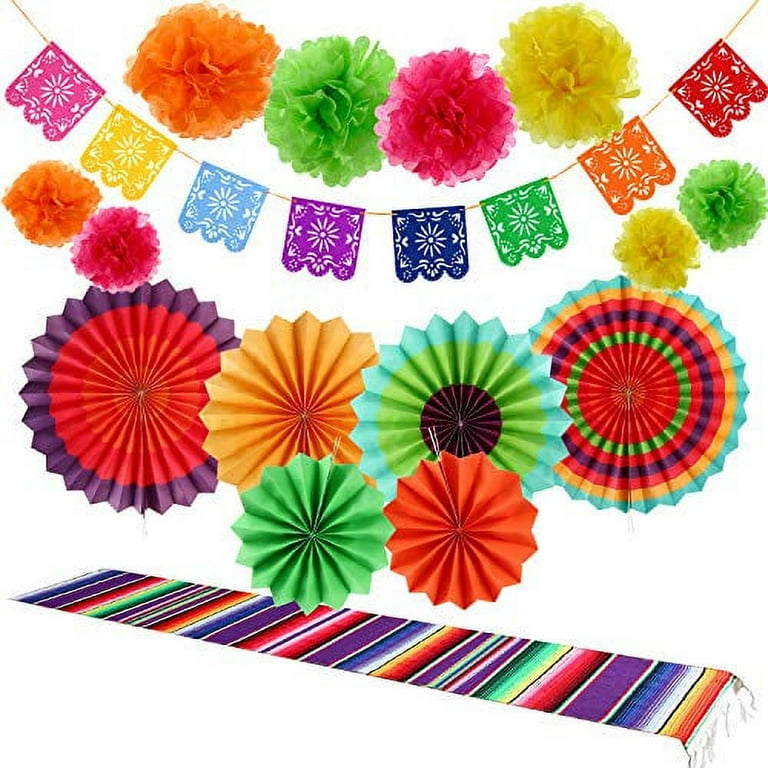 Zonon 16 Pieces Fiesta Party Decorations Kit, 1 Mexican Serape Table Runner, 6 Fiesta Colorful Paper Fans Round Wheel Disc, 8 Pom