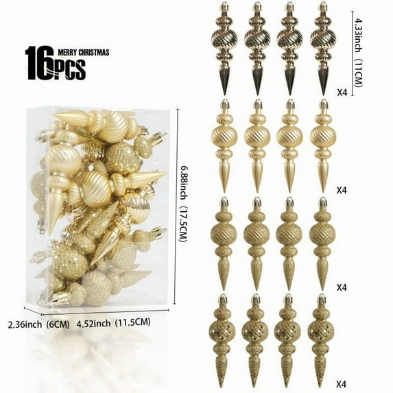 16 Pieces Finial Drop Christmas Ornament Hanging Decorations 4.3 inch Plastic Shatterproof Tree Decor