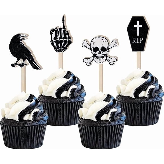 16 Pieces Gothic Wooden Cupcake Toppers, Skeleton Coffin and Crow Cupcake Picks, Birthday Bachelorette Party Decorations