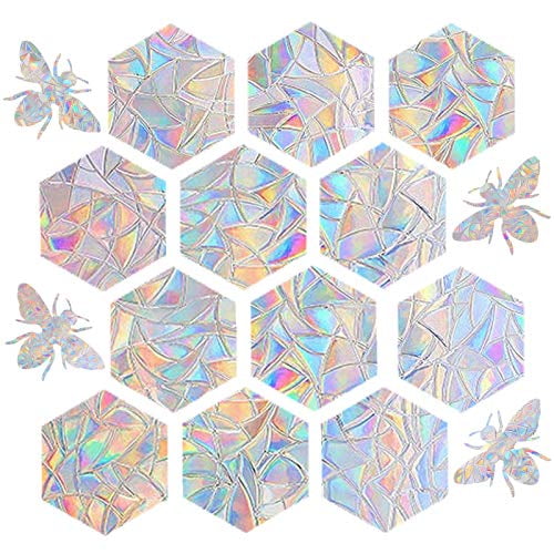 16 Pieces Hexagons and Bee Window Clings - Anti-Collision Window Decals to Save Birds from Window Collisions,Non Adhesive Prismatic Vinyl Window Clings, Rainbow Stickers