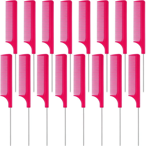 16 Pieces Metal Rat Tail Combs Foiling Comb Pintail Hair Combs Salon Fiber Back Combs for Women Girls Hair Styling at Home (Rose Red)