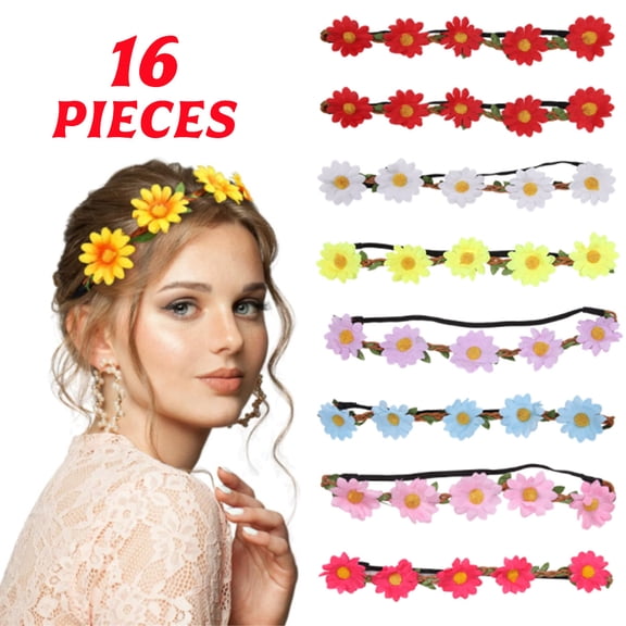 16 Pieces Multicolor Flower Headbands for Women Floral Flower Crown Hippie with Adjustable Elastic Hair Band Hair Accessories for Festival Wedding Party