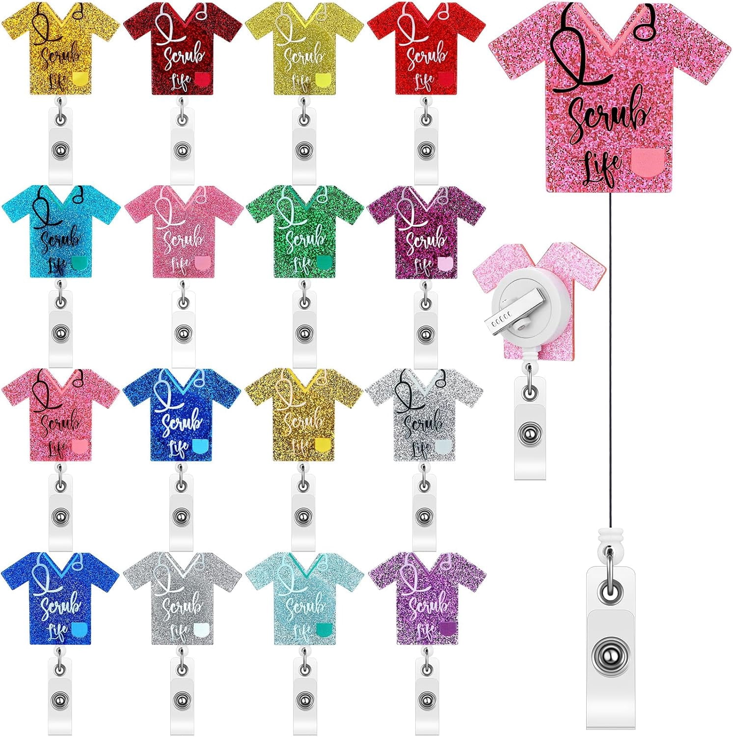 16 Pieces Nurse Retractable Badge Reel Holder Glitter Badge Clip Scrub Life Id Name Badge Holder Nurse Teacher Student
