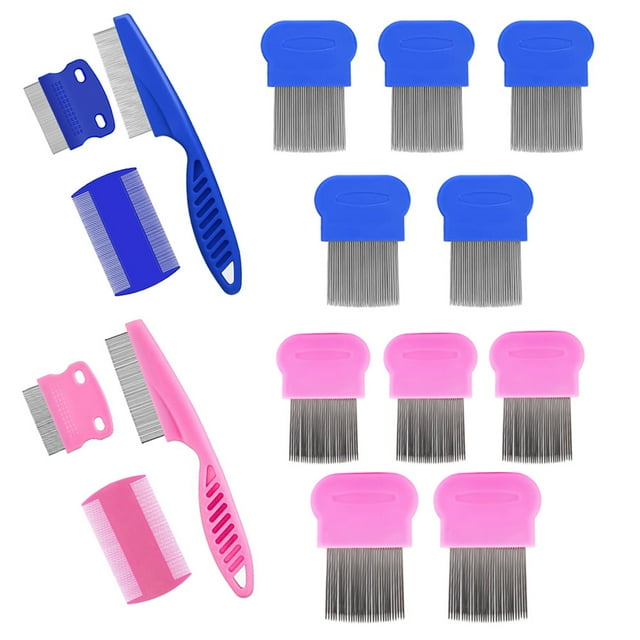 16 Pieces Pet Comb, Dog Comb, Cat Comb, Lice Comb for Dogs Cats Round Head Stainless Steel Flea Comb for Float Hair Removal Dandruff, Hair Stain(Blue+Pink)