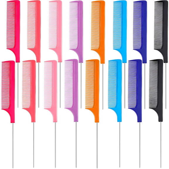 16 Pieces Rat Tail Comb Foiling Combs Steel Pin Rat Tail Fiber Heat Resistant Teasing Combs with Stainless Steel Pintail for Women Girls Hair Styling