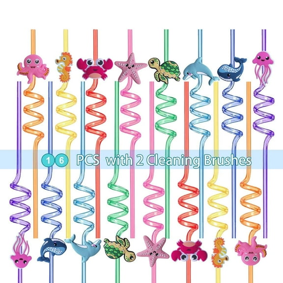16 Pieces Reusable Sea Animals Plastic Straws & 2 Cleaning Brushes, 8 Design Crabs Turtles Jellyfish Starfish Octopus Dolphins for Girls Boys Ocean Birthday Summer Party Supplies Beach Ocean Themed
