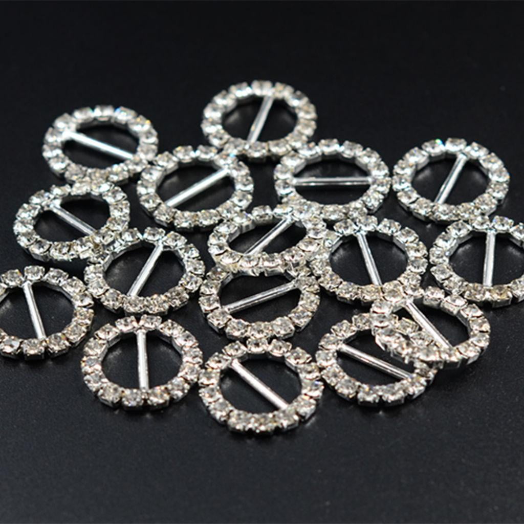 16 Pieces Round Shape Rhinestone Ribbon Buckles Sliders for Wedding Invitation Party Favor 14mm