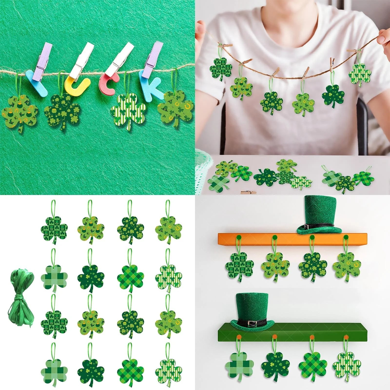 16 Pieces Shamrock Ornaments St Patricks Day Decorations Hangings with ...
