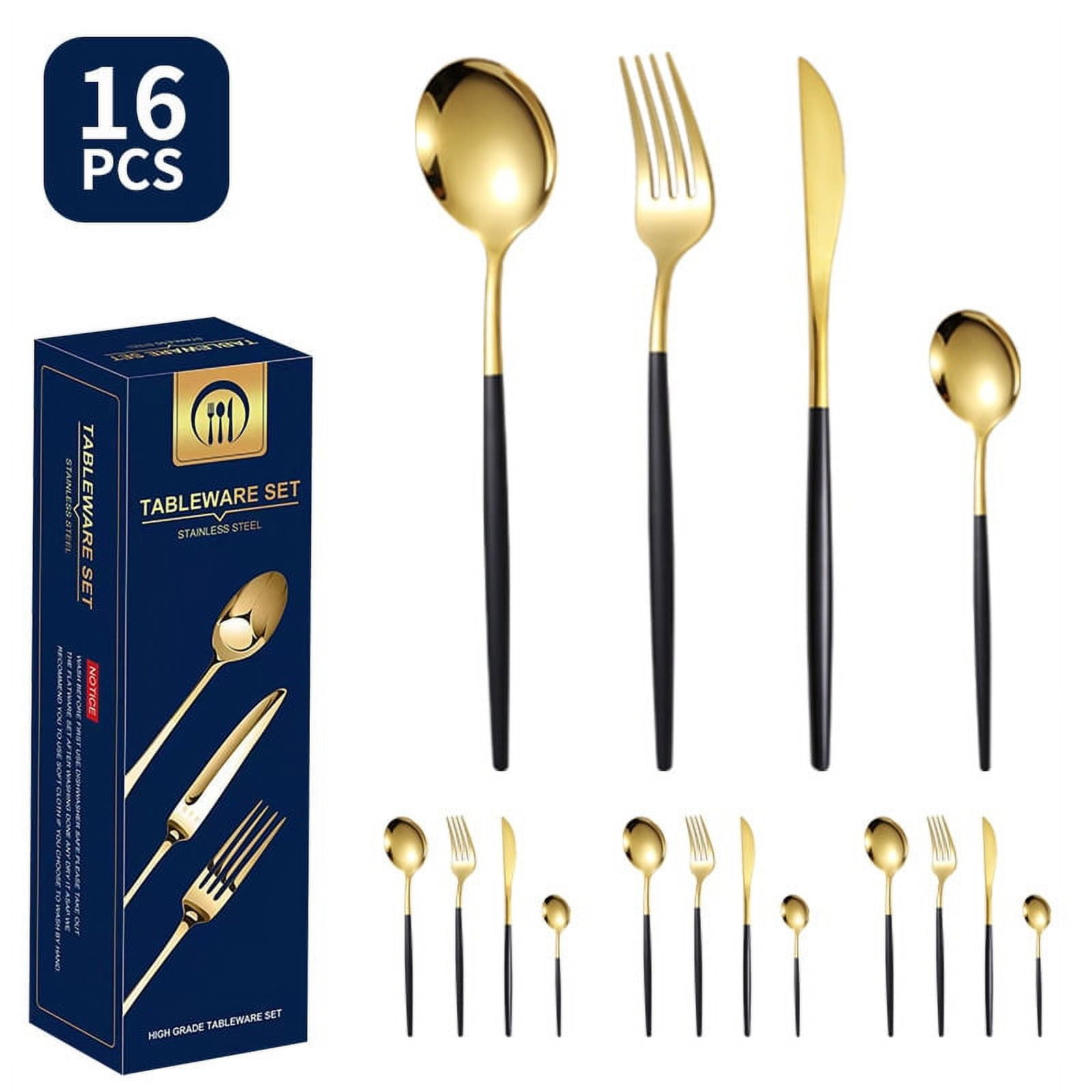 16Pieces Stainless Steel Cutlery Set Gold Black Flatware Set