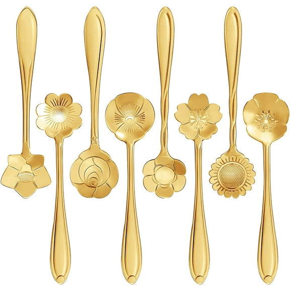 16 Pieces Stainless Steel Flower Coffee Spoon Dessert Sugar Ice Cream Stirring Tea Spoon Set for Tableware Kitchen, Cafe or Bar(Gold)