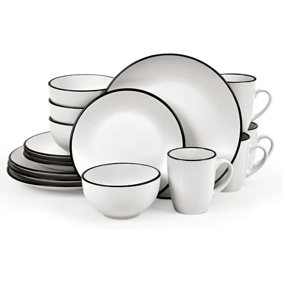 16 Pieces Stoneware Dinnerware Set, Speckled Ceramic Plates and Bowls Mugs Sets Service for 4, Ceramic Dishes Set, Microwave and Dishwasher Safe(White with Black Rim)