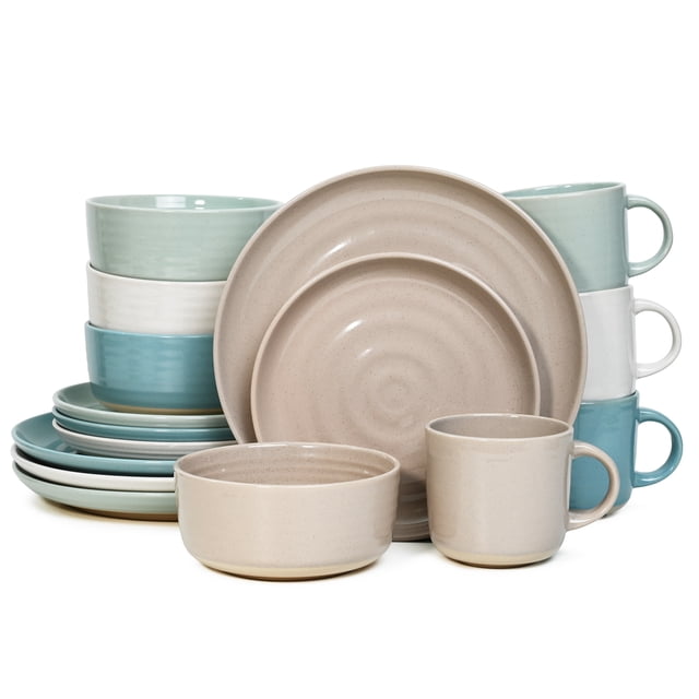 16 Pieces Stoneware Dinnerware Sets,Ceramic Dish Set Includes Plates, Bowls and Handled Mugs ...
