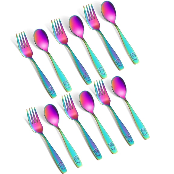 16 Pieces Toddler Utensils Kids Rainbow Silverware Set, Stainless Steel Childrens Forks and Spoons, Metal Kids Cutlery Set, Dishwasher