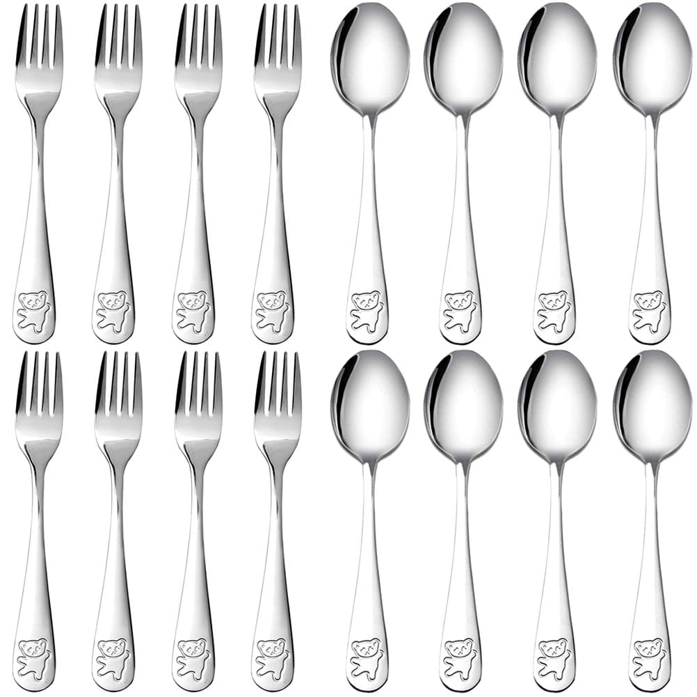 16 Pieces Toddler Utensils Kids Silverware Set, Stainless Steel Childrens Forks and Spoons, Metal Kids Safe Flatware Set, Dishwasher Safe