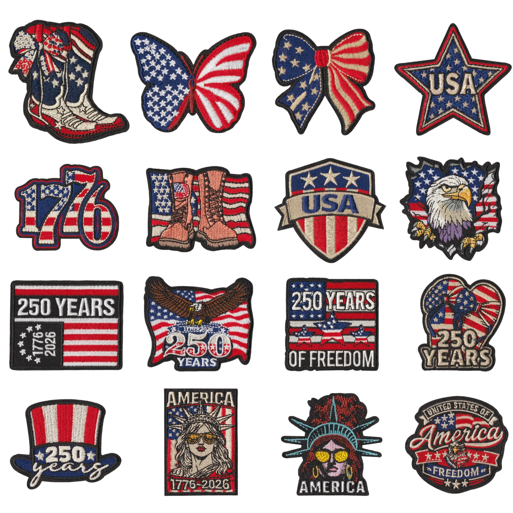 16 Pieces USA 250th Anniversary Iron On Patches, Patriotic Sew On Embroidered Patches, American Flag 1776-2026 Freedom Patches for Jackets Hats Backpacks Jeans