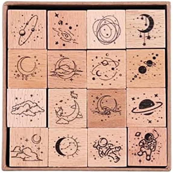 16 Pieces Vintage Wooden Rubber Stamps, Universe & Galaxy Scrapbooking ...