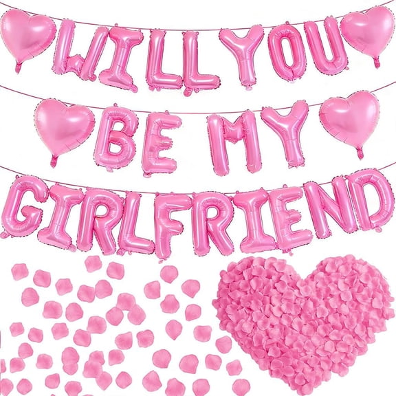 16" Pink 'Be My Girlfriend' Proposal Balloons with Heart Foil & Rose Petals for Romantic Night, Engagement, Valentine's Day Decor