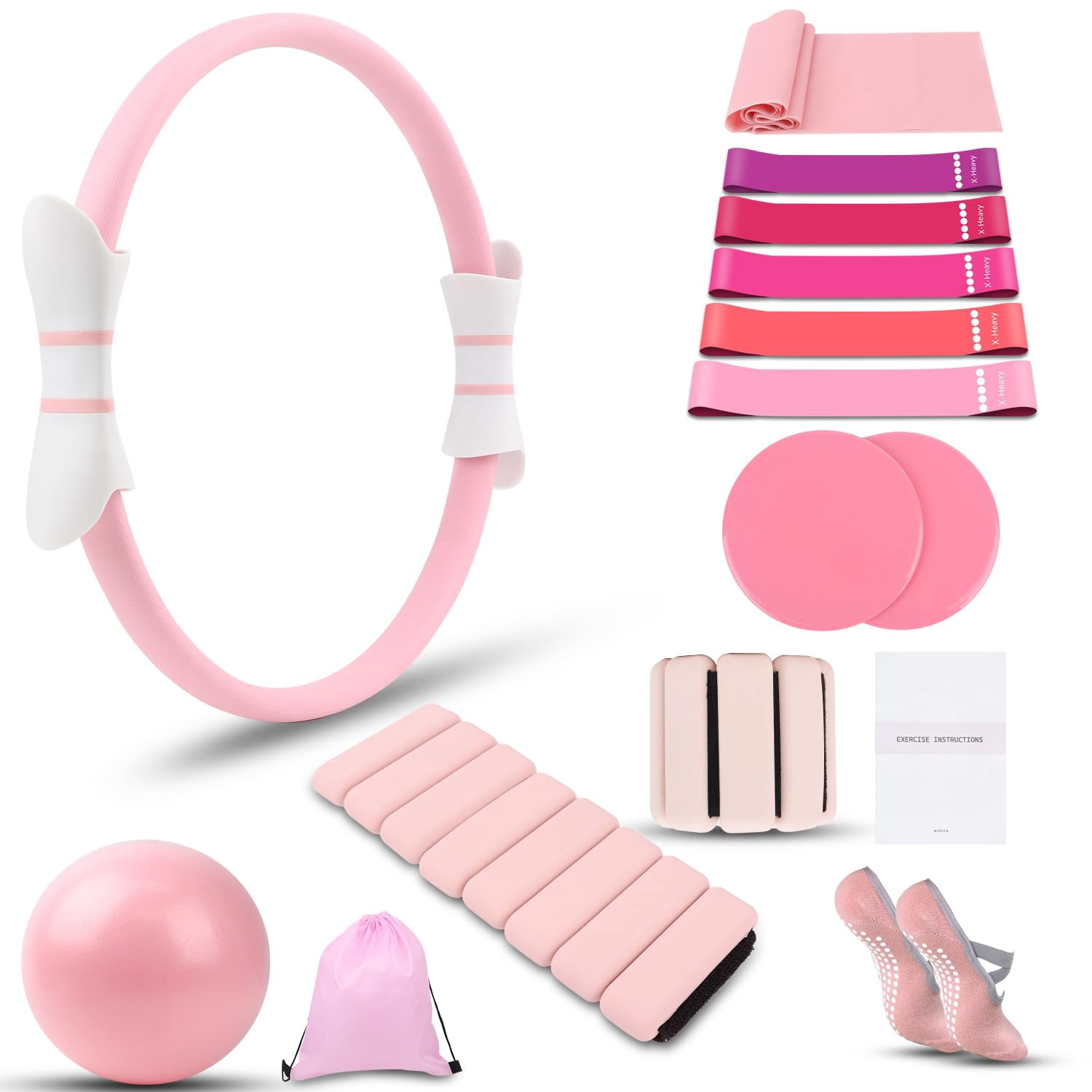 16 Pink Pilates Ring And Ball Set For Women With 15" Magic Circle  Home Equipment Kit Adjustable 1lb Ankle Wrist Weight Resistance Band Gliding Discs Accessories